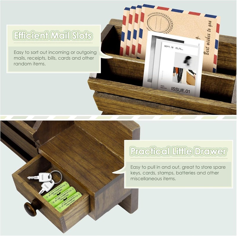 VIS'V Key Holder Wall Mount, Wooden Mail and Key Organizer with Drawer and Shelf, 2 Slots, 6 Hooks, Brown - Image 4